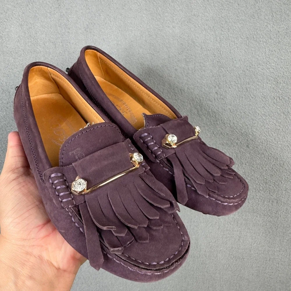 Tods Gommino Purple Suede Kiltie Fringe Crystal Driving Moccasins Size 36 Italy